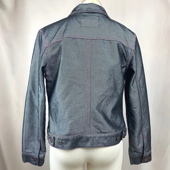 Vintage GUESS Womens (L) Metallic Denim Jean Jacket Pink Stitching Y2K Indie - Picture 5 of 10